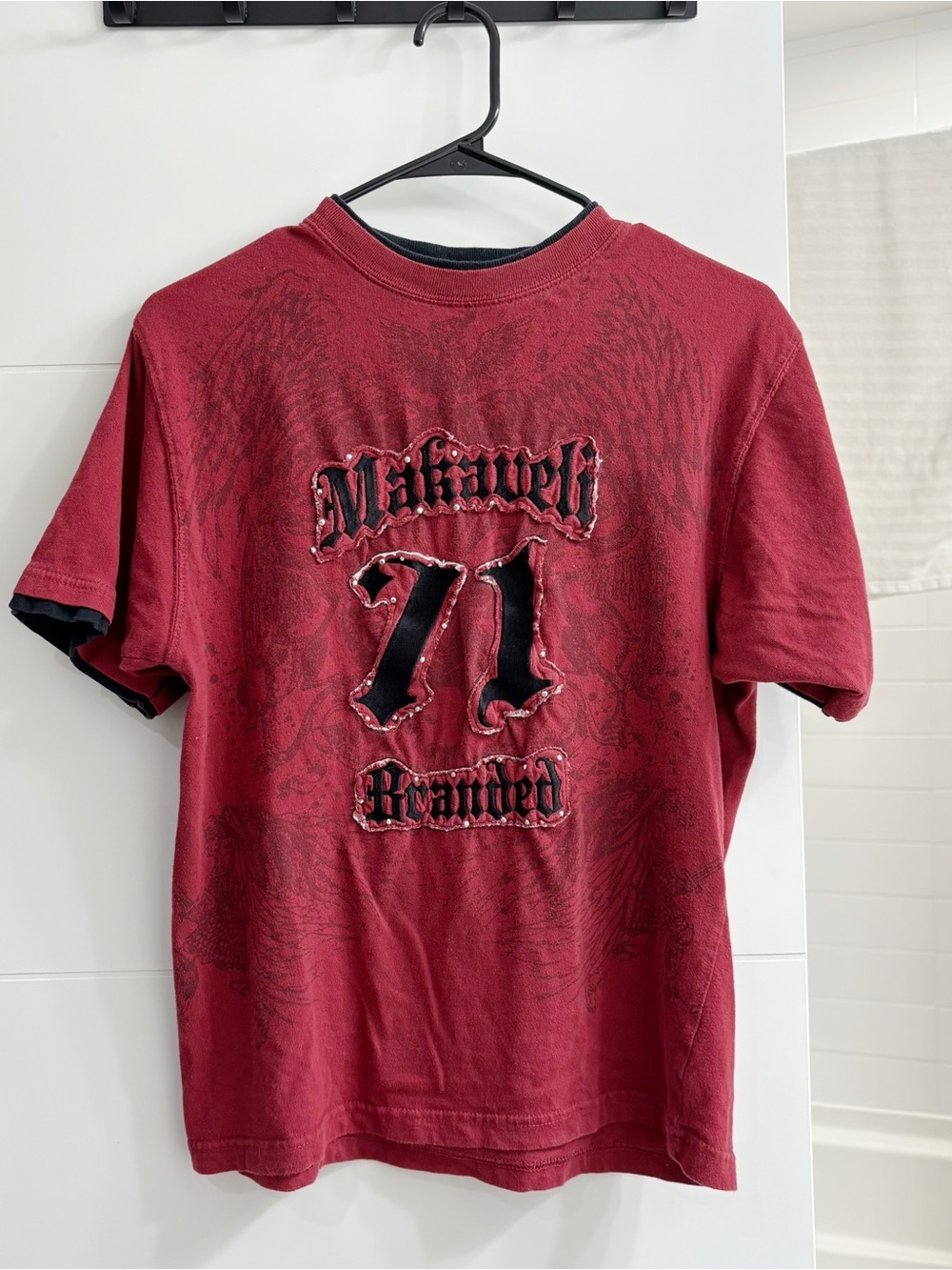 y2k red hip hop tee with wings graphic, black & silver accent (Makaveli Branded)